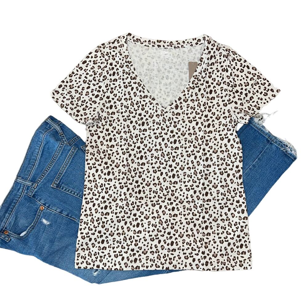 NWT J. Crew Vintage Cotton V-neck White W/Leopard Print T-Shirt - SIZE SMALL